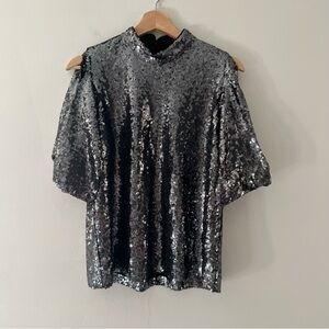 Ann Taylor Sequin Top Blouse Silver Gray Size Small Puff Open Sleeve Holiday